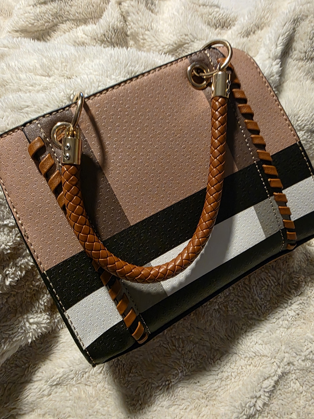 Woven Handle Colorblock Satchel Bag - Brown, Black & White